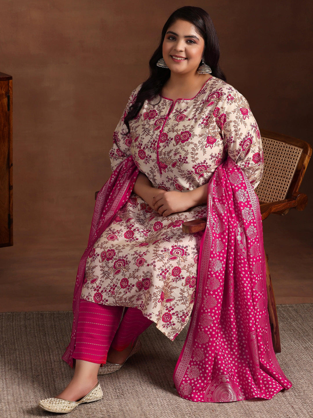 Plus Size Pink Printed Silk Blend Straight Suit With Dupatta - Libas 