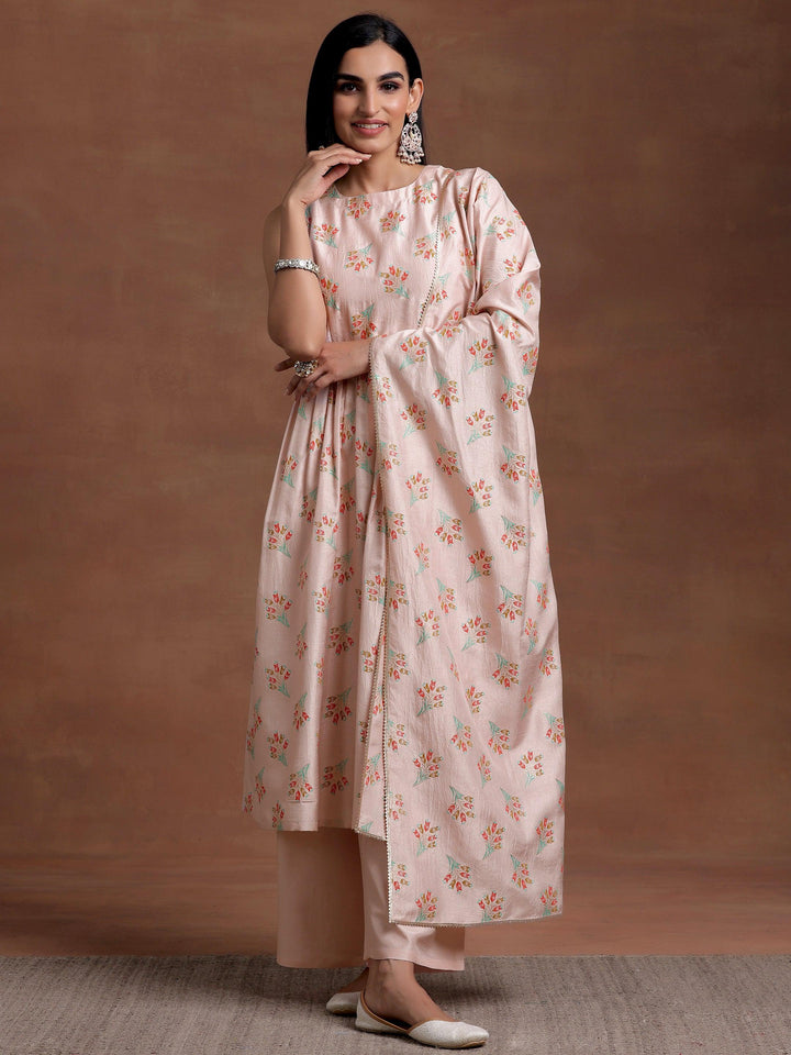 Powder Pink Printed Silk Blend A-Line Kurta With Palazzos & Dupatta - Libas