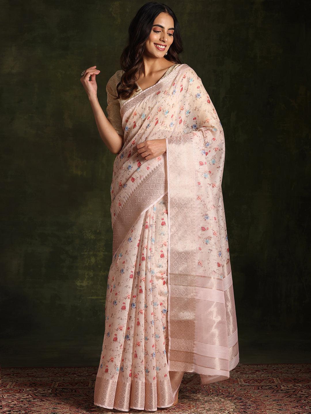 Beige Printed Silk Blend Saree With Unstitched Blouse Piece - Libas 