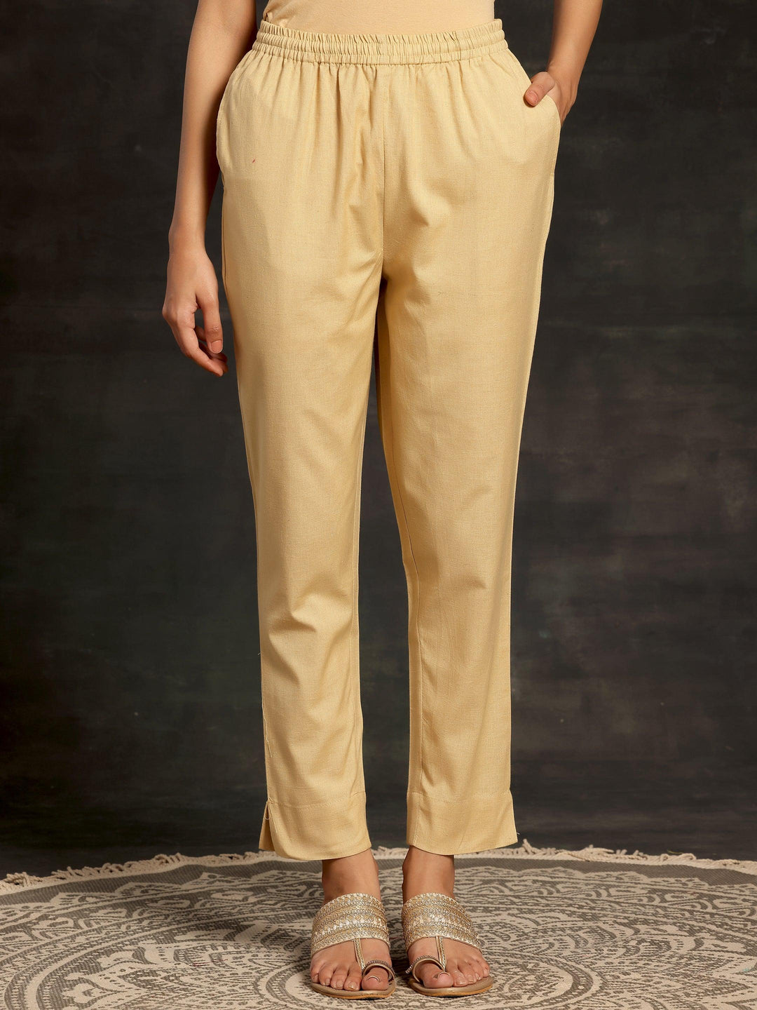 Cream Solid Cotton Straight Fit Trousers - Libas 