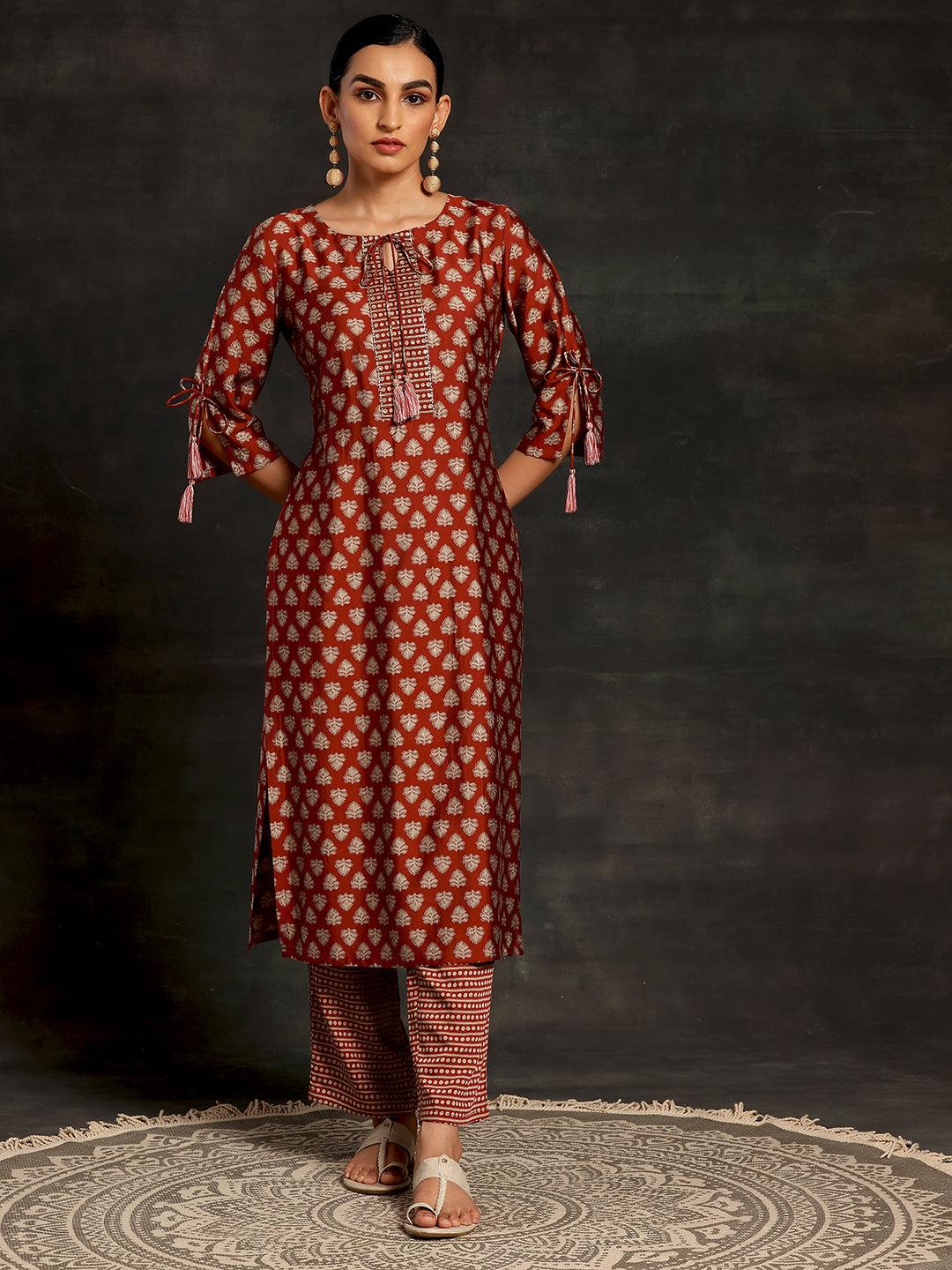 Rust Printed Silk Blend Straight Kurta Set - Libas 