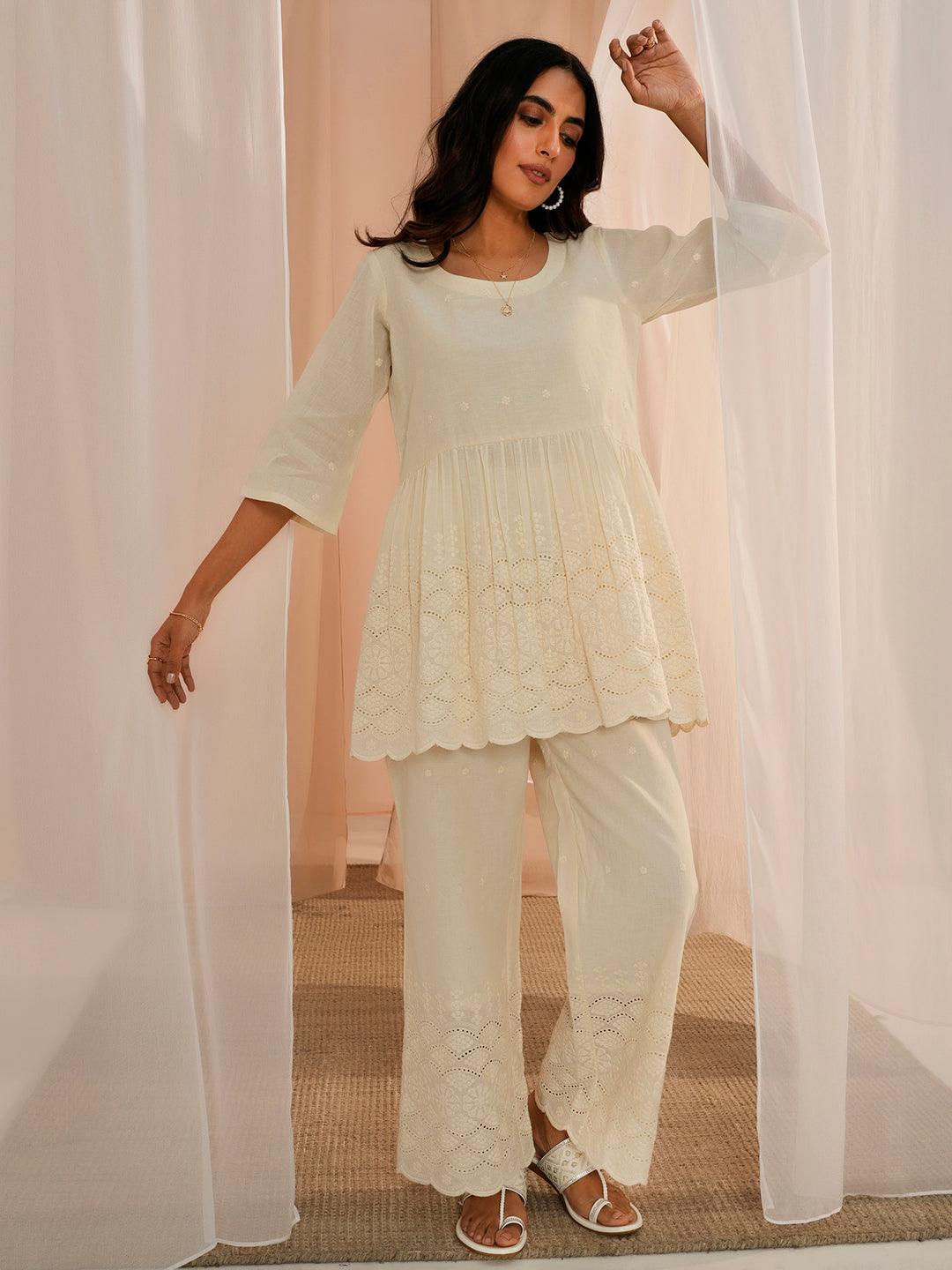 Off White Self Design Cotton Tunic With Palazzos - Libas 