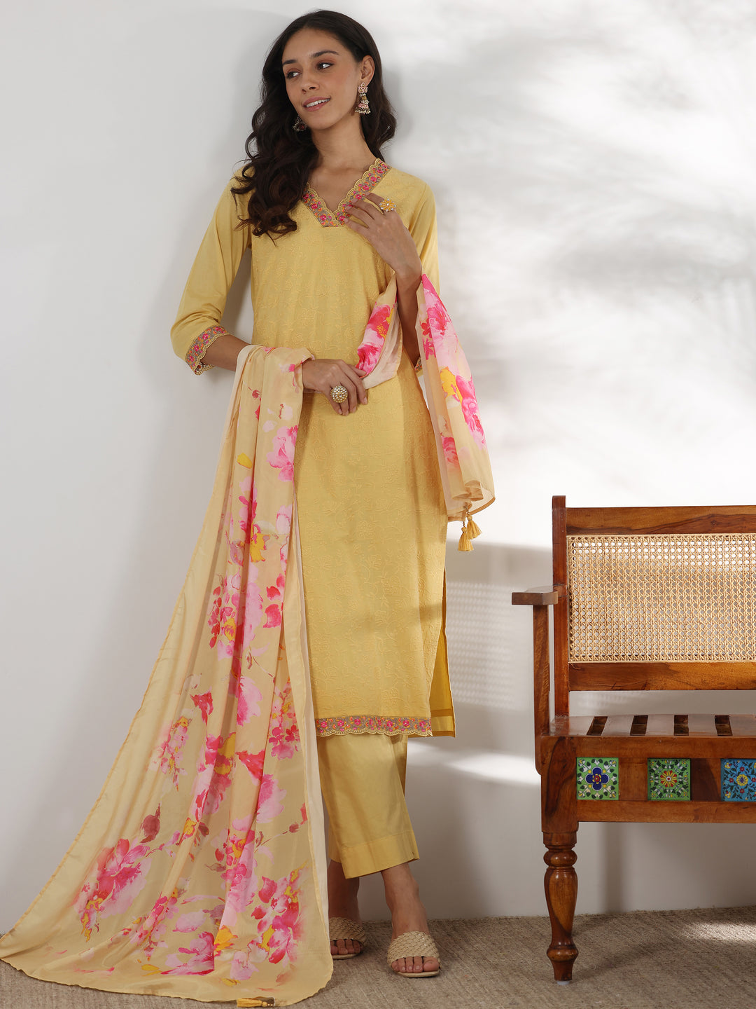  Lime Embroidered Cotton Straight Suit With Dupatta 