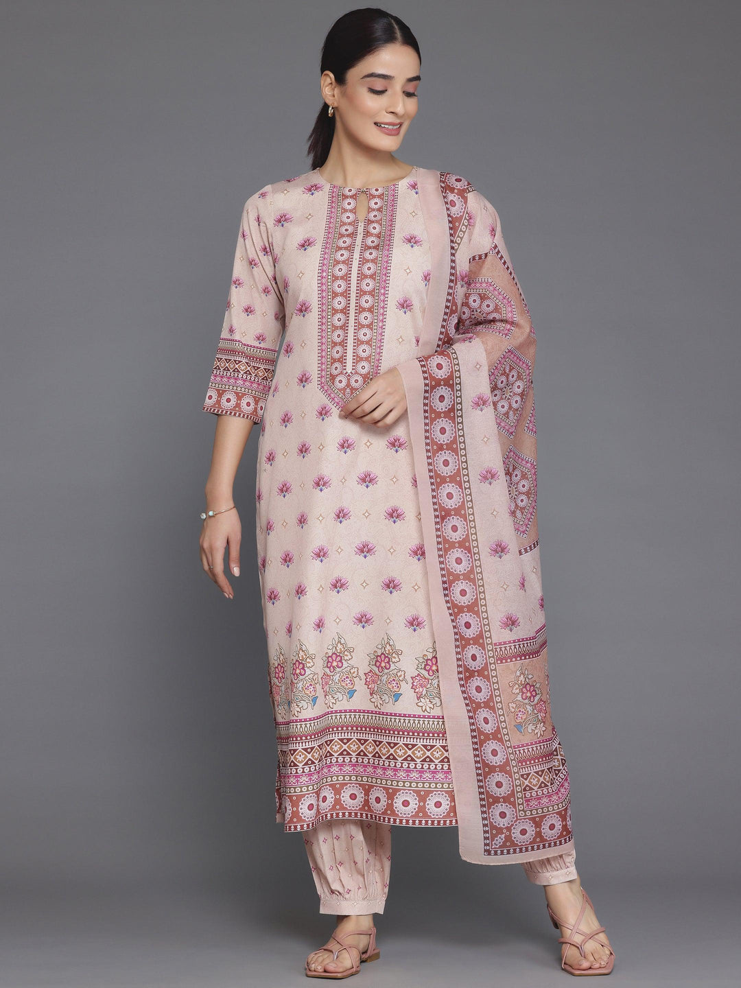 Peach Printed Poly Crepe Straight Suit With Dupatta - Libas 