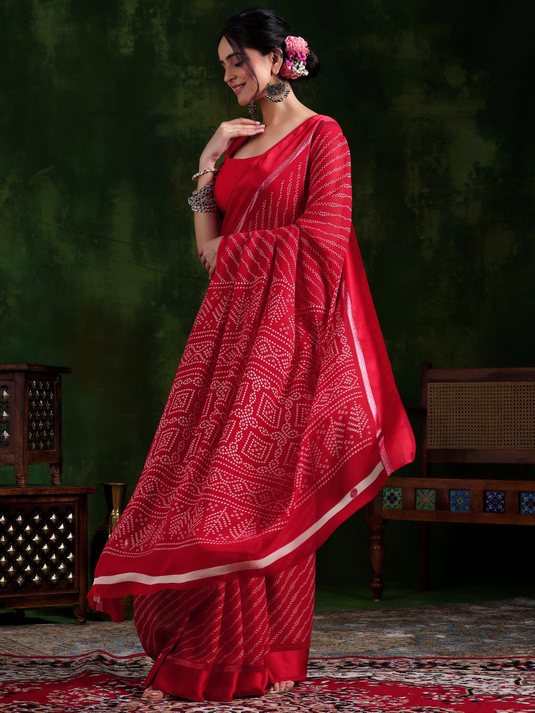 Red Printed Satin Saree With Unstitched Blouse Piece - Libas