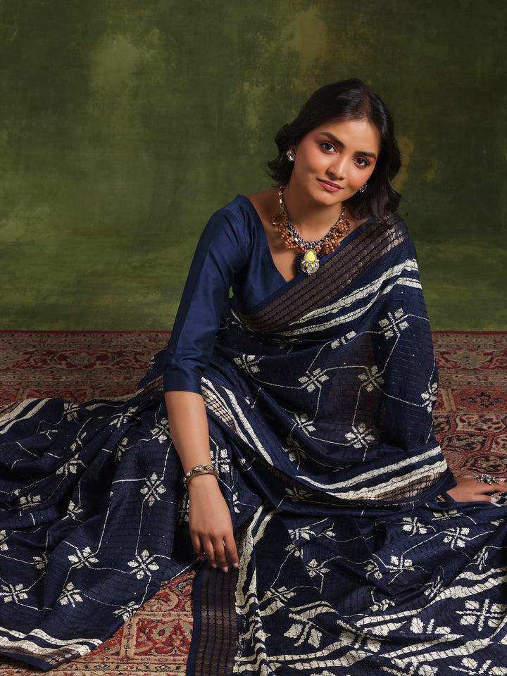 Blue Printed Silk Blend Saree With Unstitched Blouse Piece - Libas