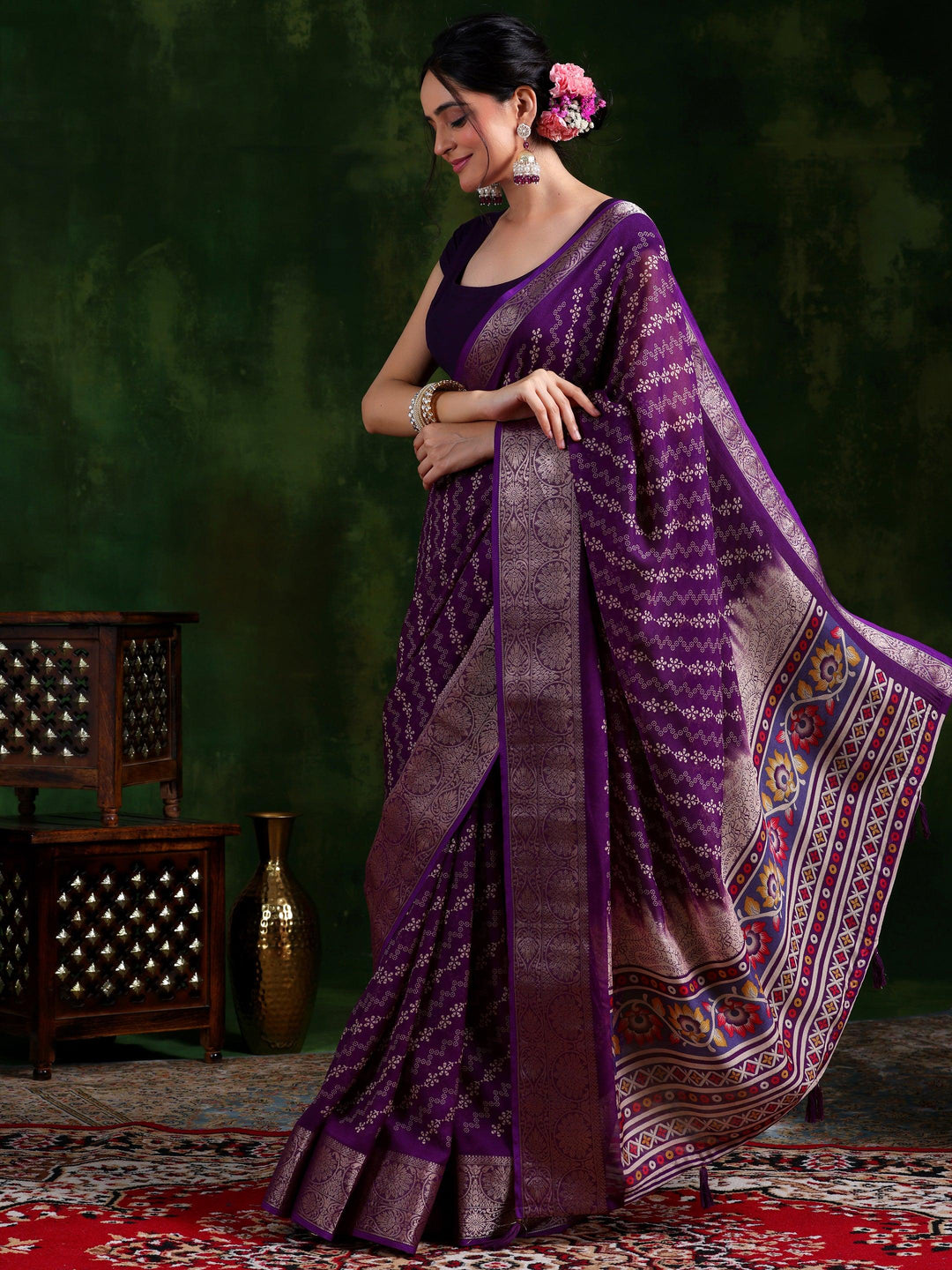 Wine Printed Silk Blend Saree With Unstitched Blouse Piece - Libas