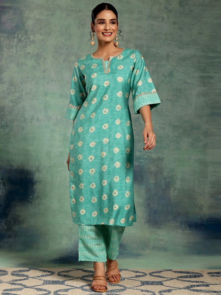 Green Printed Silk Blend Straight Kurta Set - Libas