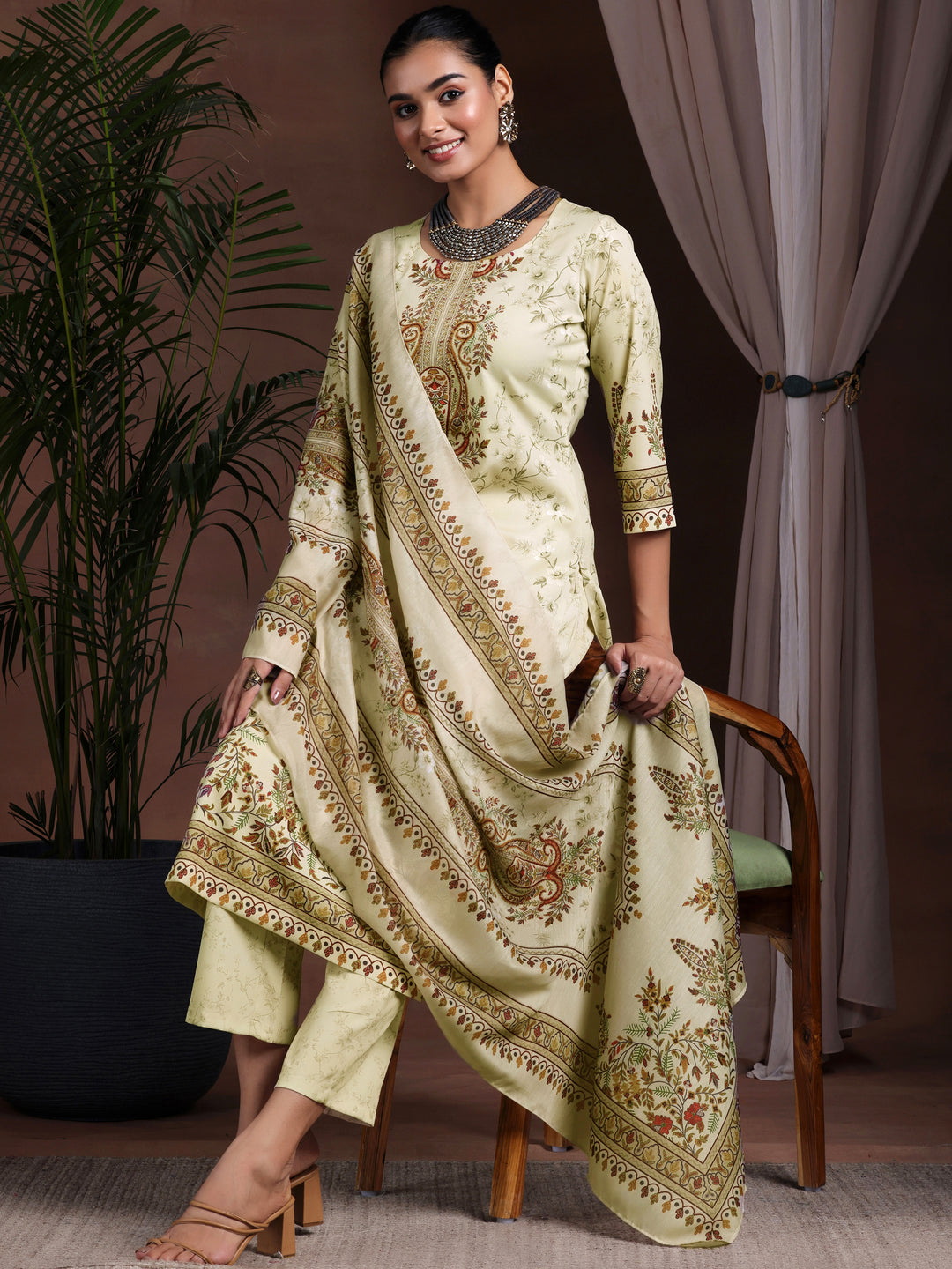  Beige Printed Poly Crepe Straight Suit With Dupatta 