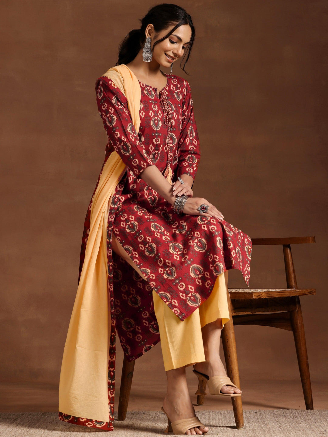 Maroon Printed Cotton Straight Suit With Dupatta - Libas 