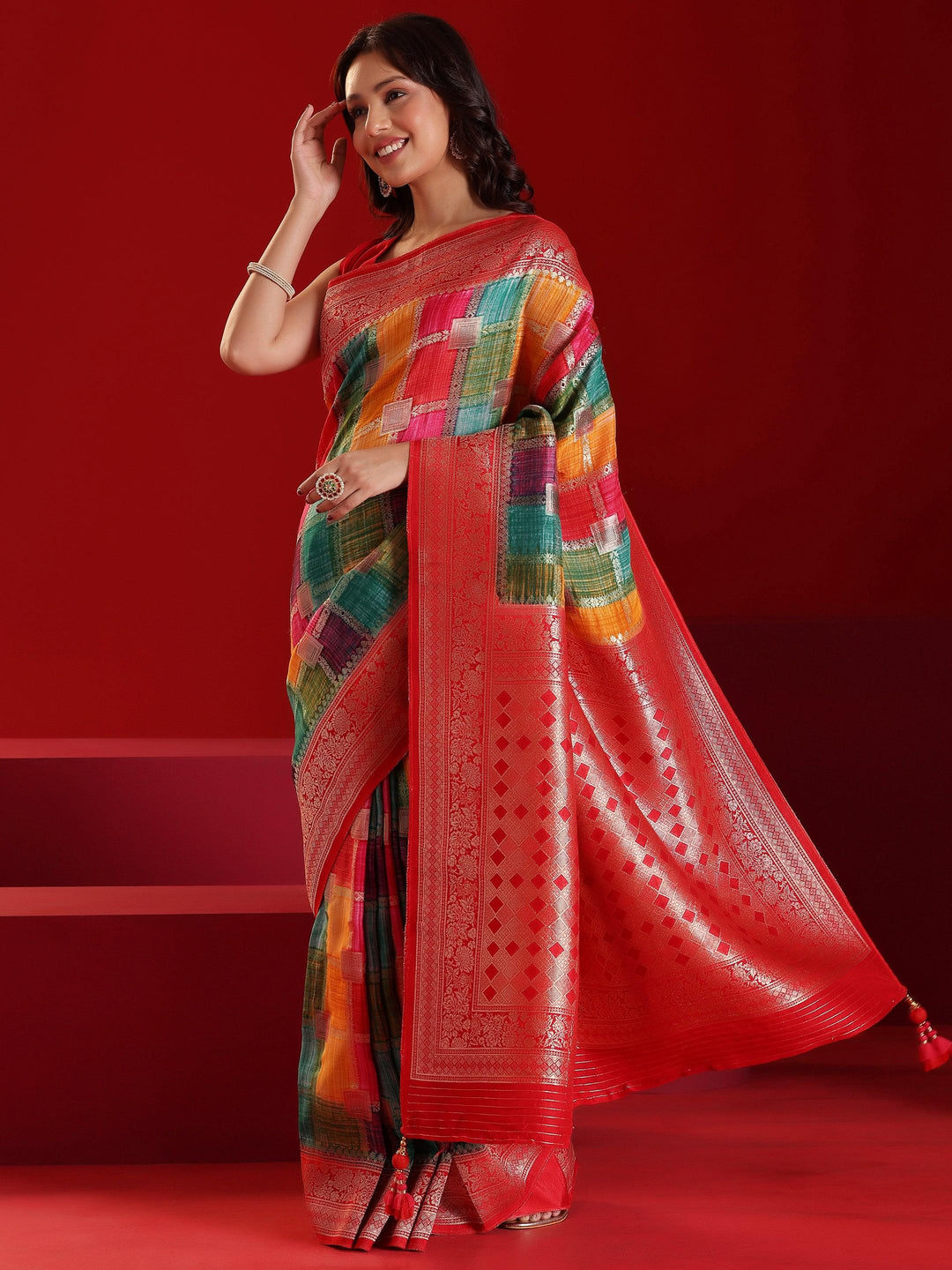 Libas Art Multicoloured Woven Design Satin Saree With Unstitched Blouse Piece - Libas