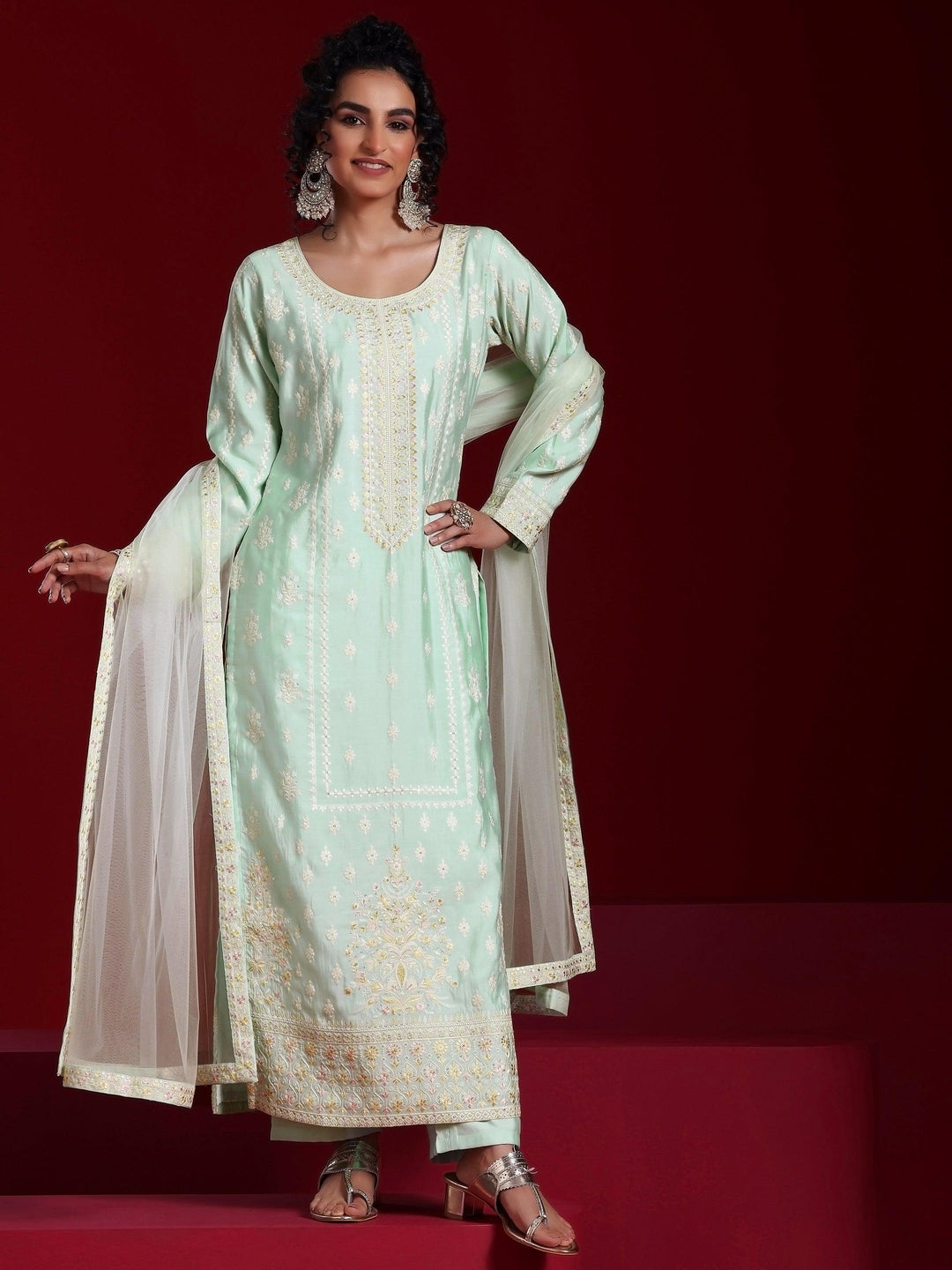 Libas Art Sea Green Embroidered Silk Blend Straight Suit With Dupatta - Libas 