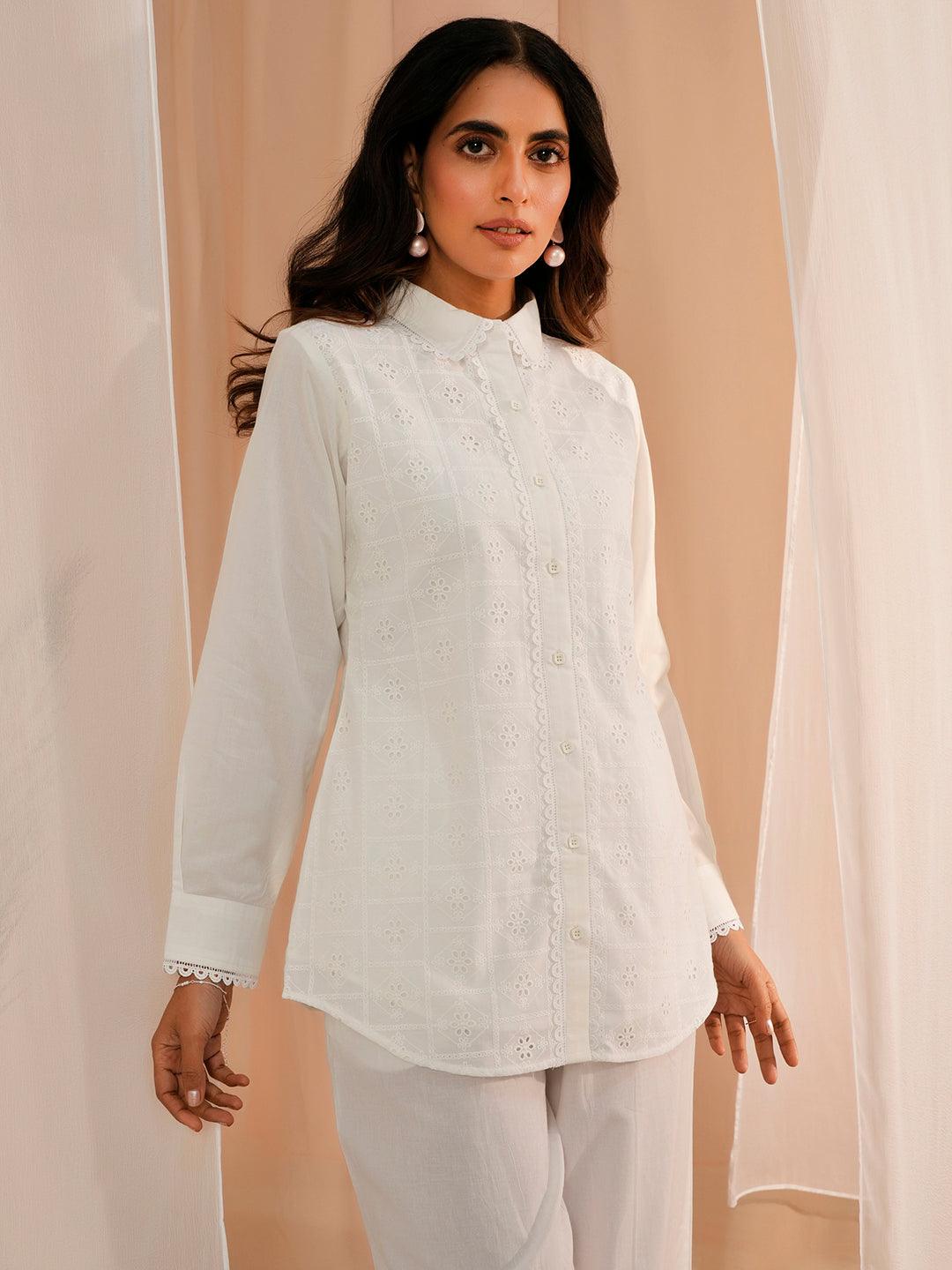 White Embroidered Cotton Straight Kurti - Libas 