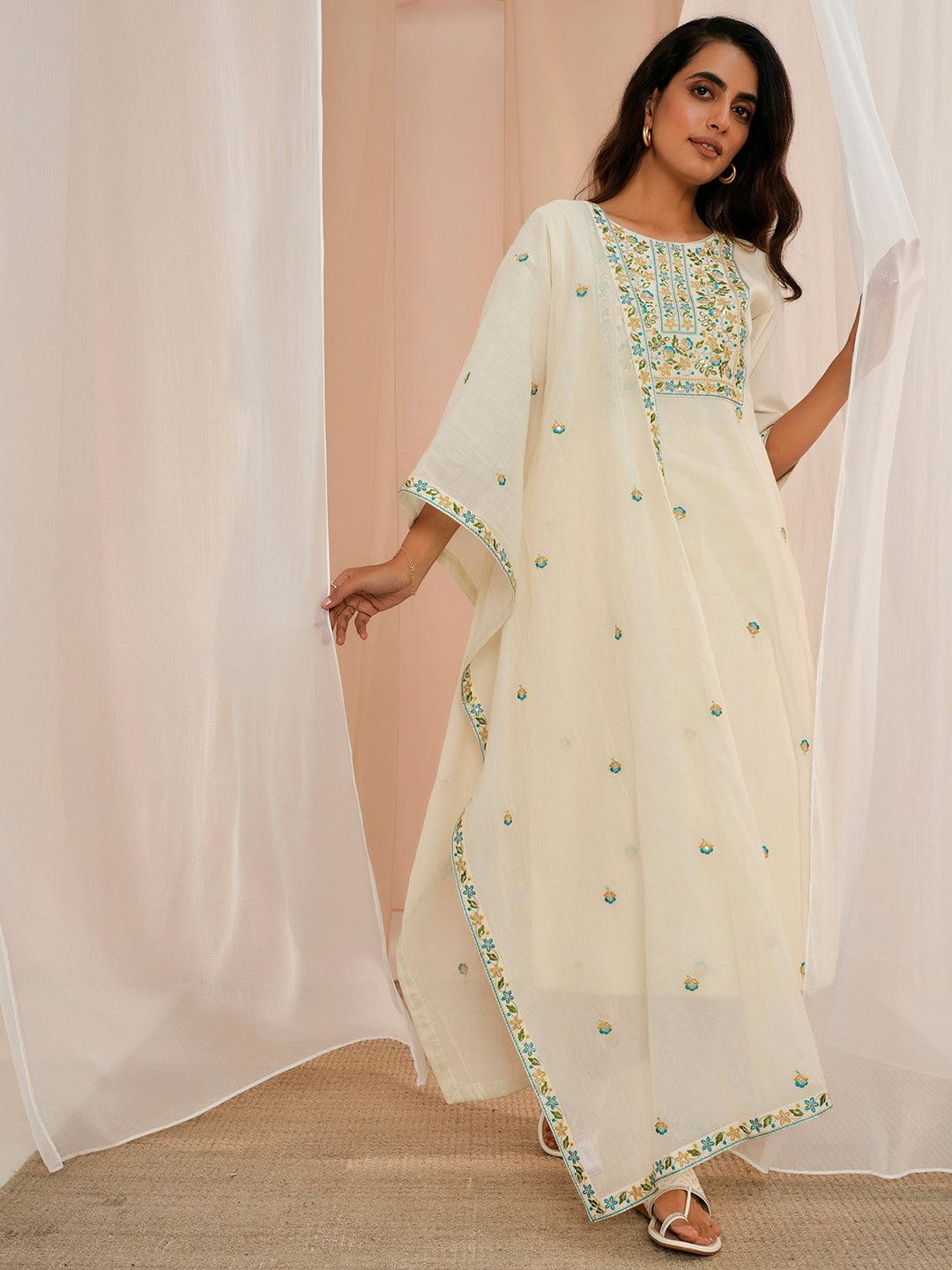 Off White Yoke Design Cotton Straight Suit With Dupatta - Libas 