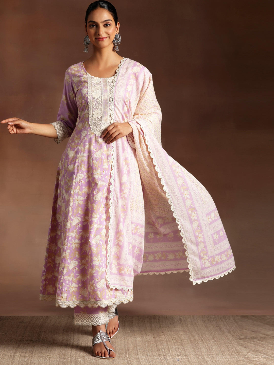 Dilbaro Purple Printed Cotton A-Line Kurta With Trousers & Dupatta - Libas 