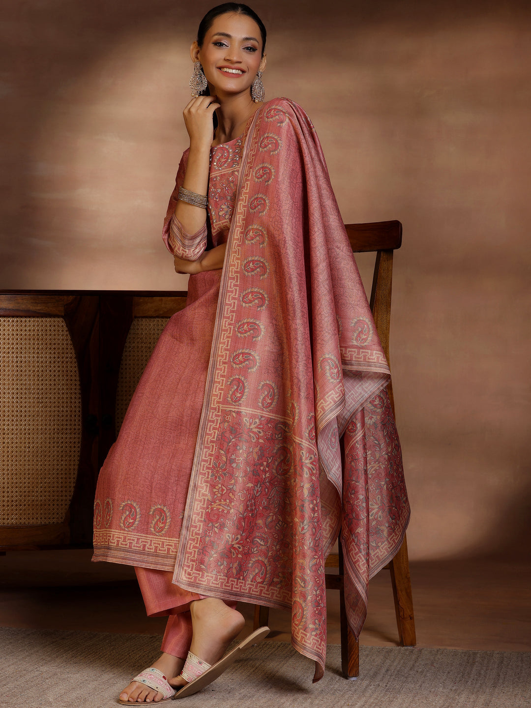  Pink Printed Silk Straight Suit With Dupatta 