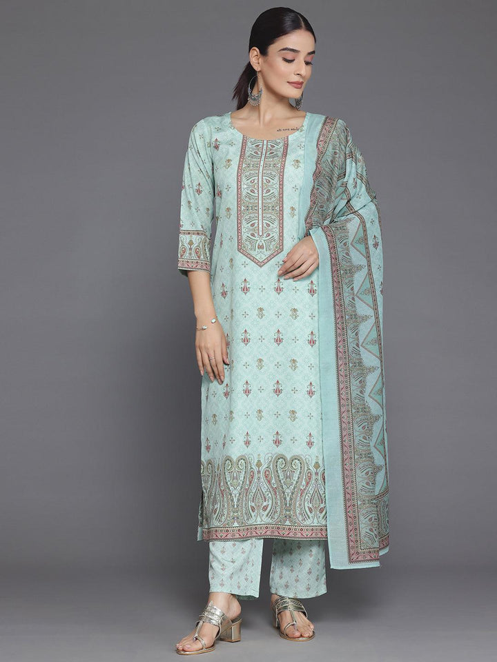 Green Printed Poly Crepe Straight Suit With Dupatta - Libas