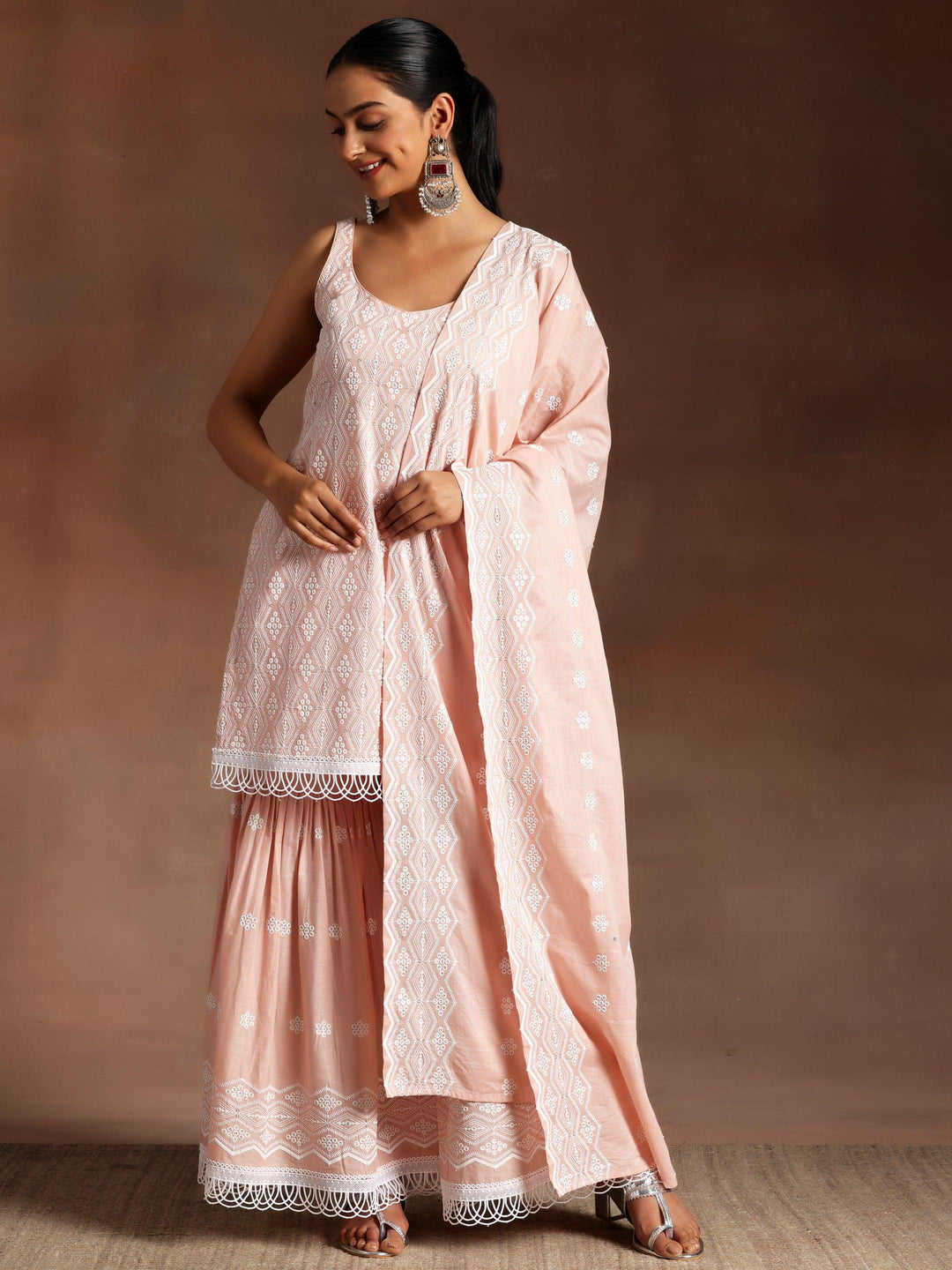 Peach Embroidered Cotton Straight Suit With Dupatta - Libas