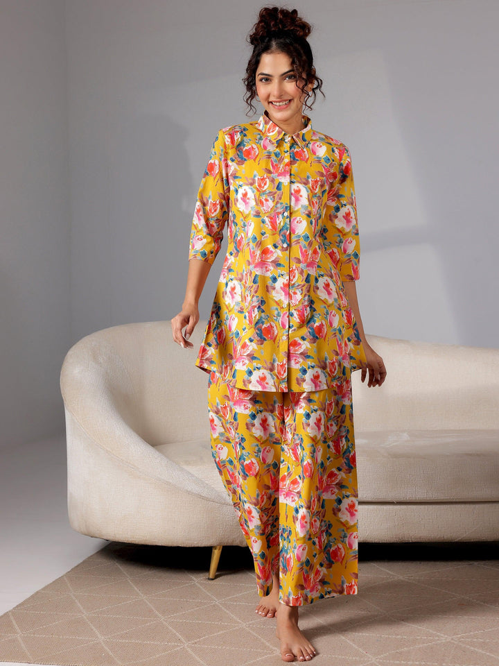 Mustard Printed Cotton Night Suits - Libas