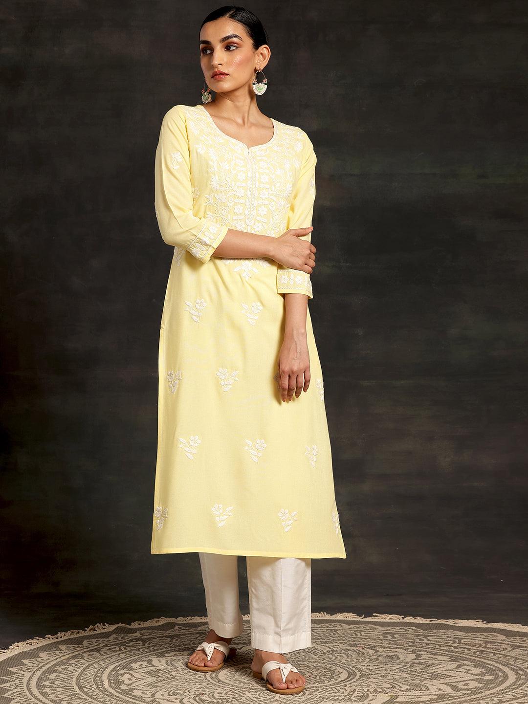 Yellow Embroidered Rayon Straight Kurta - Libas 