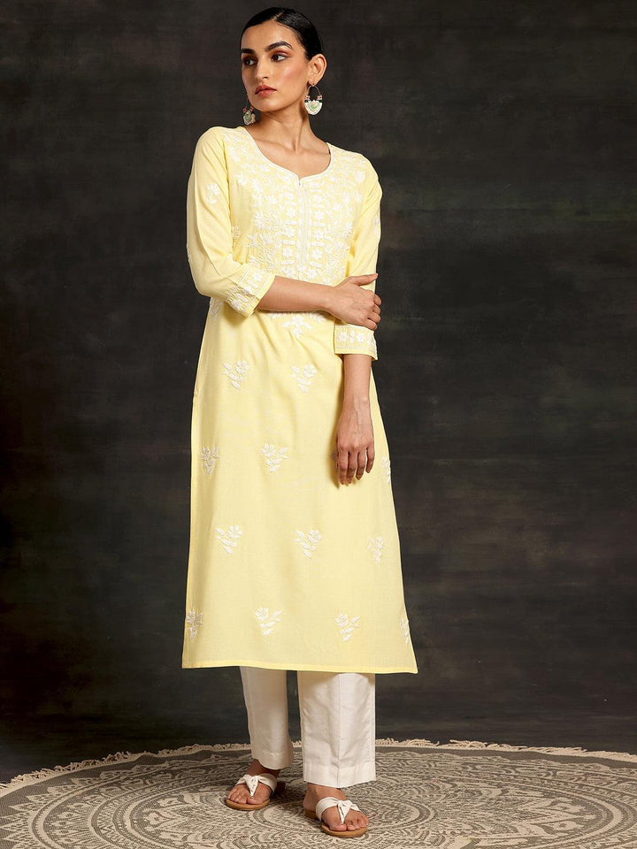 Yellow Embroidered Rayon Straight Kurta - Libas