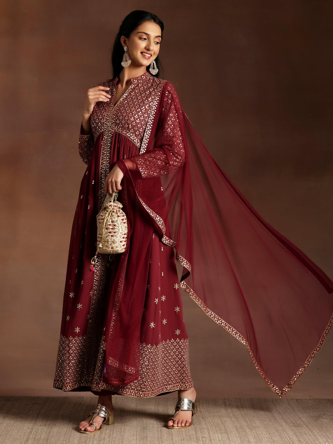 Mauve Embroidered Georgette A-Line Kurta With Trousers & Dupatta - Libas