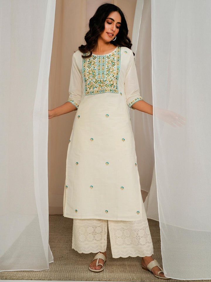 Off White Embroidered Cotton Straight Kurta - Libas