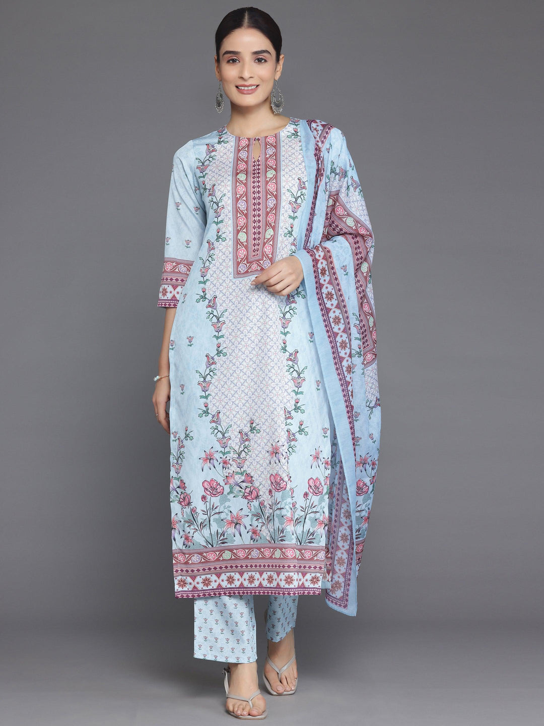 Blue Printed Poly Crepe Straight Suit With Dupatta - Libas 