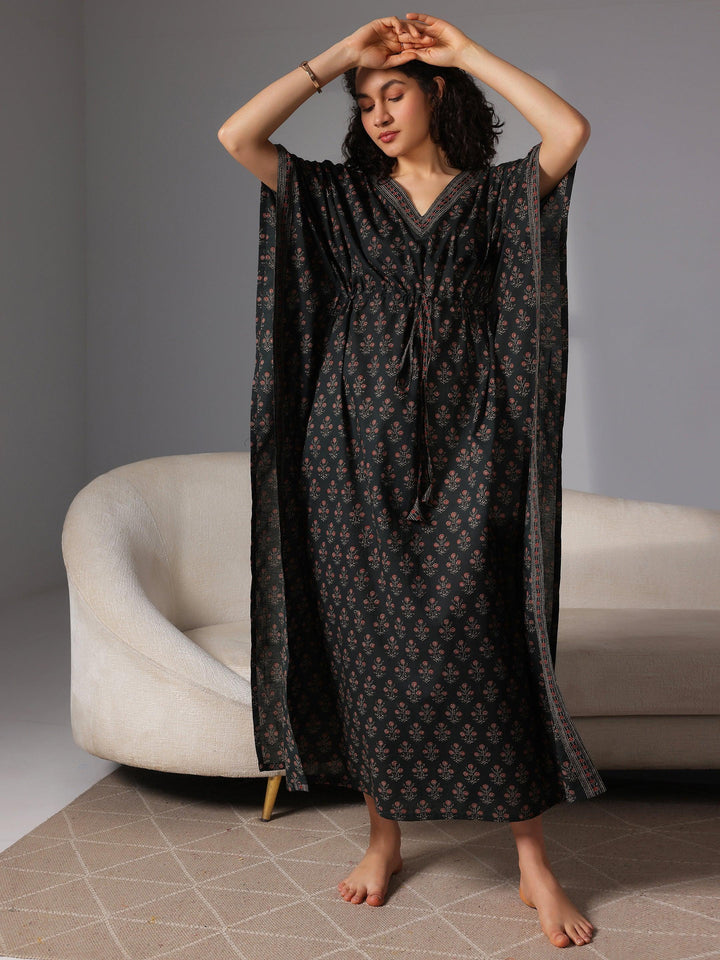 Dark Green Printed Cotton Kaftan Night Dress - Libas