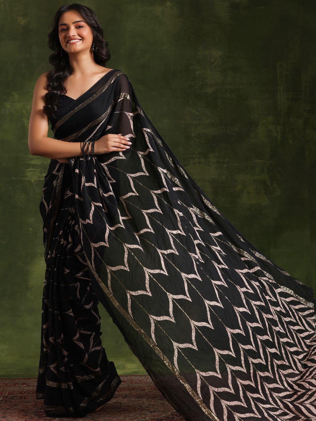 Black Printed Poly Georgette Saree With Unstitched Blouse Piece - Libas