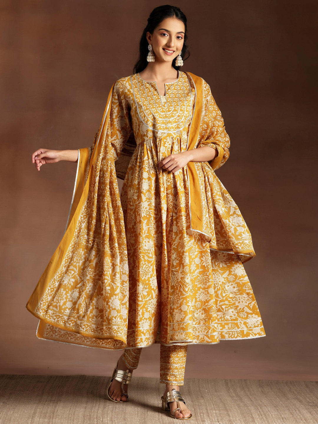 Mustard Printed Cotton Anarkali Suit With Dupatta - Libas 