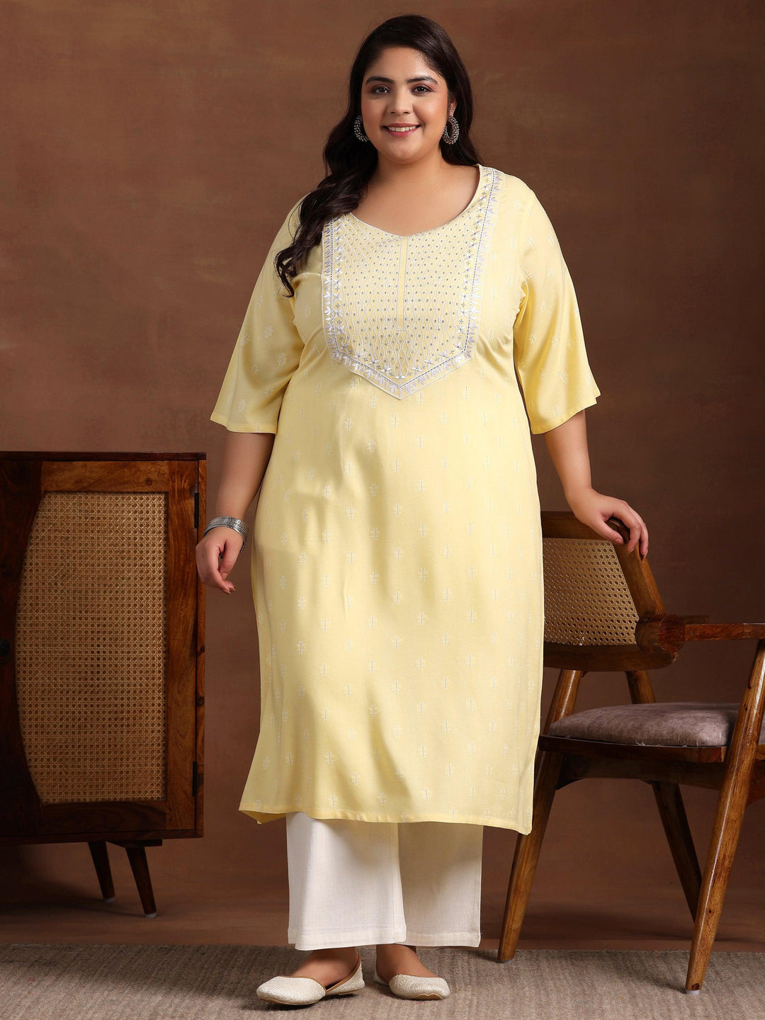 Plus Size Yellow Woven Design Rayon Straight Kurta - Libas