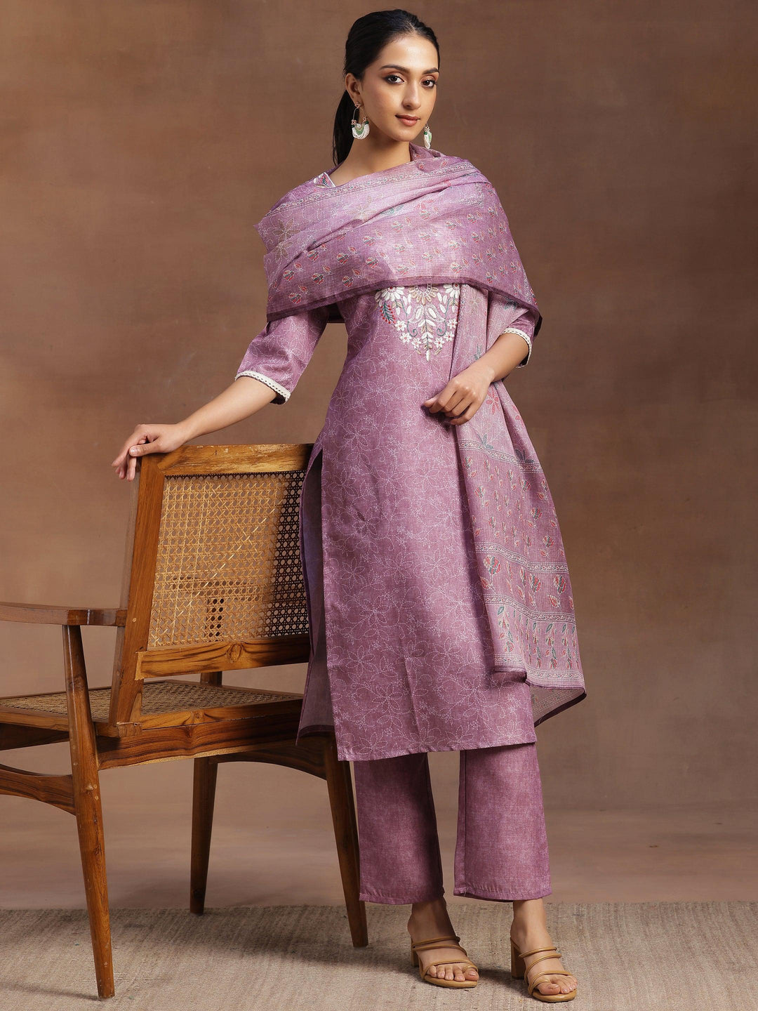 Mauve Yoke Design Cotton Straight Suit With Dupatta - Libas