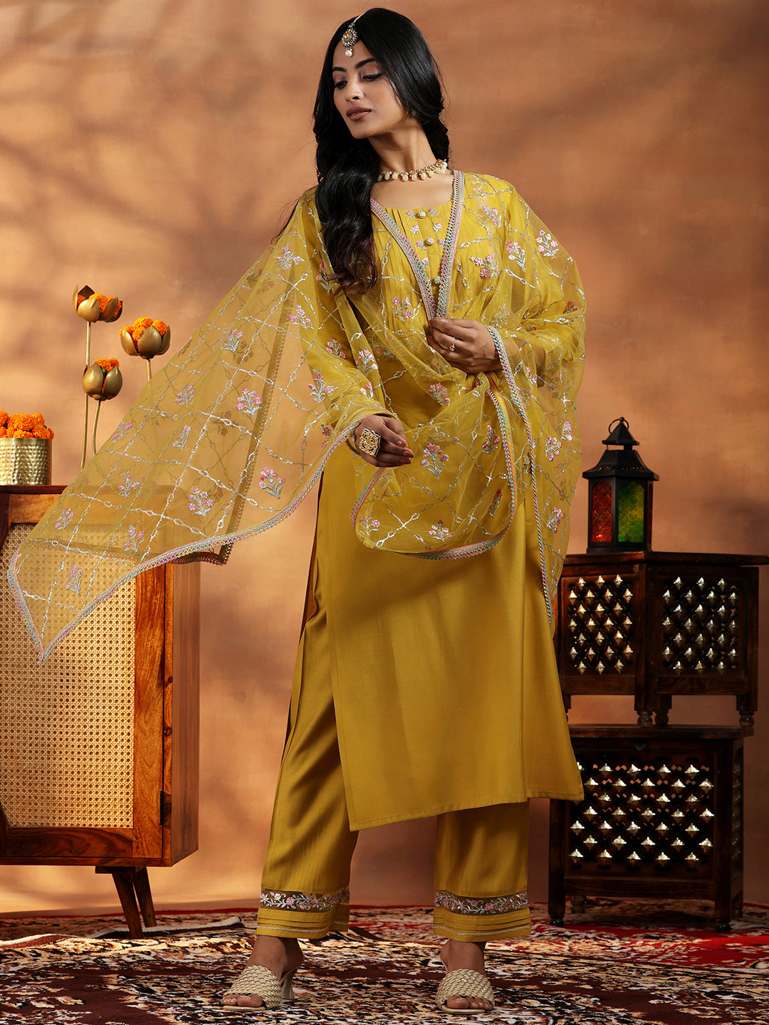  Mustard Yoke Design Silk Blend Straight Suit With Dupatta 