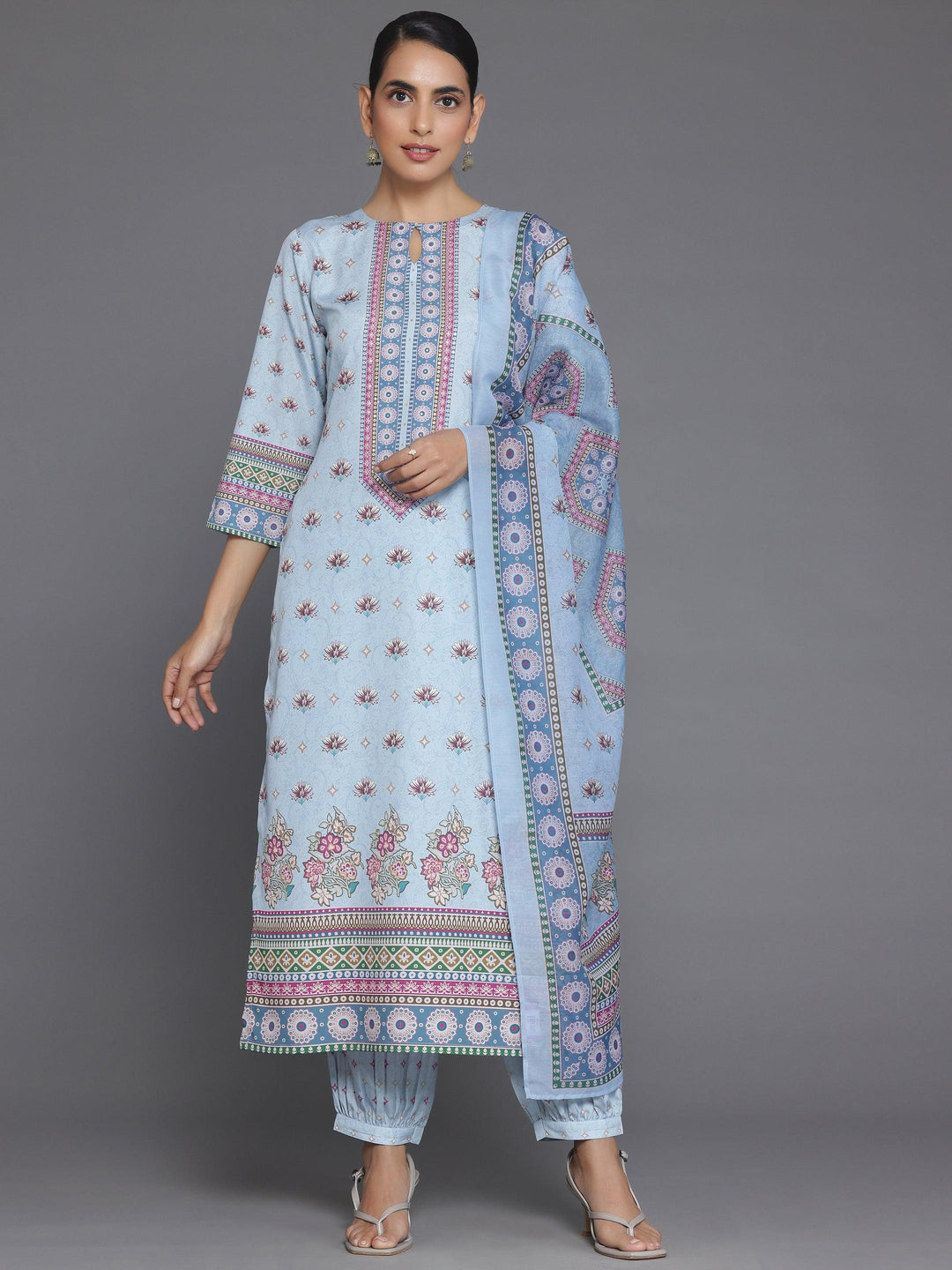 Blue Printed Poly Crepe Straight Suit With Dupatta - Libas 