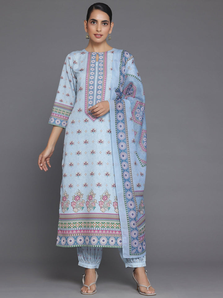 Blue Printed Poly Crepe Straight Suit With Dupatta - Libas