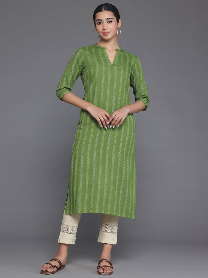 Green Striped Rayon Straight Kurta - Libas