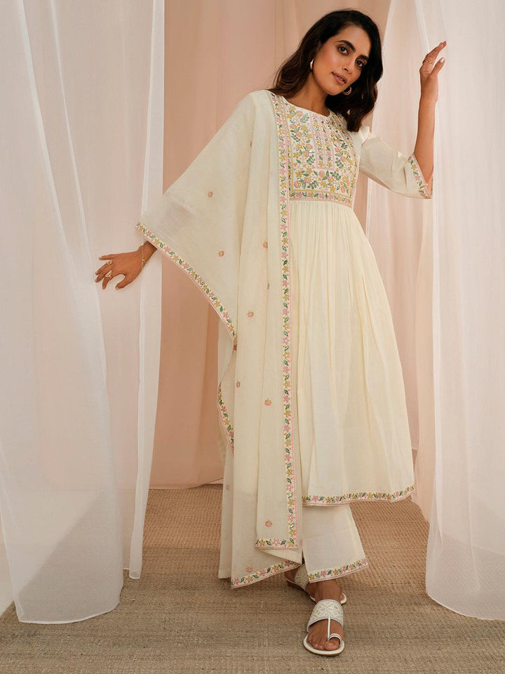 Off White Yoke Design Cotton A-Line Kurta With Palazzos & Dupatta - Libas