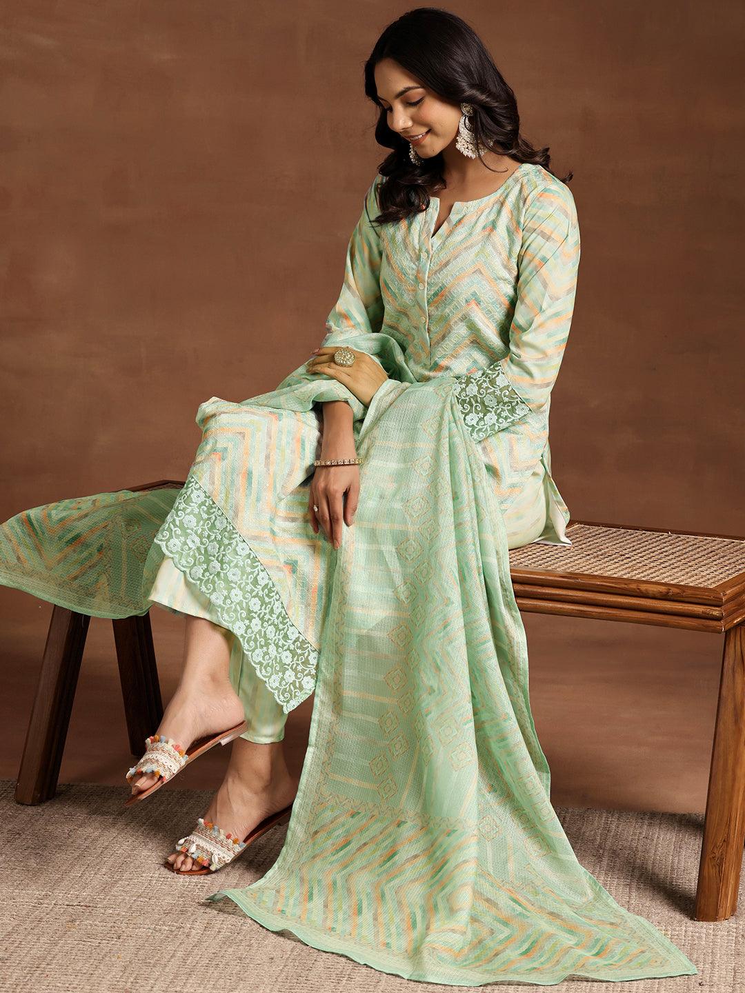 Green Embroidered Cotton Blend Straight Suit With Dupatta - Libas