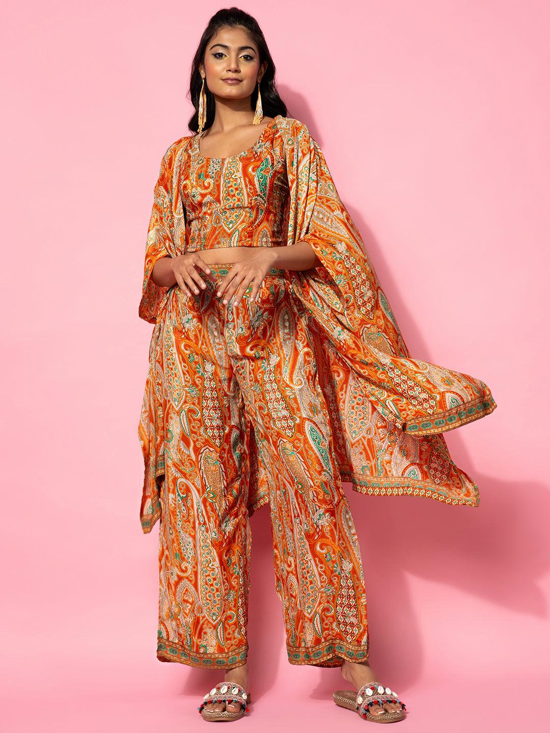 Orange Printed Silk Blend Co-Ords - Libas