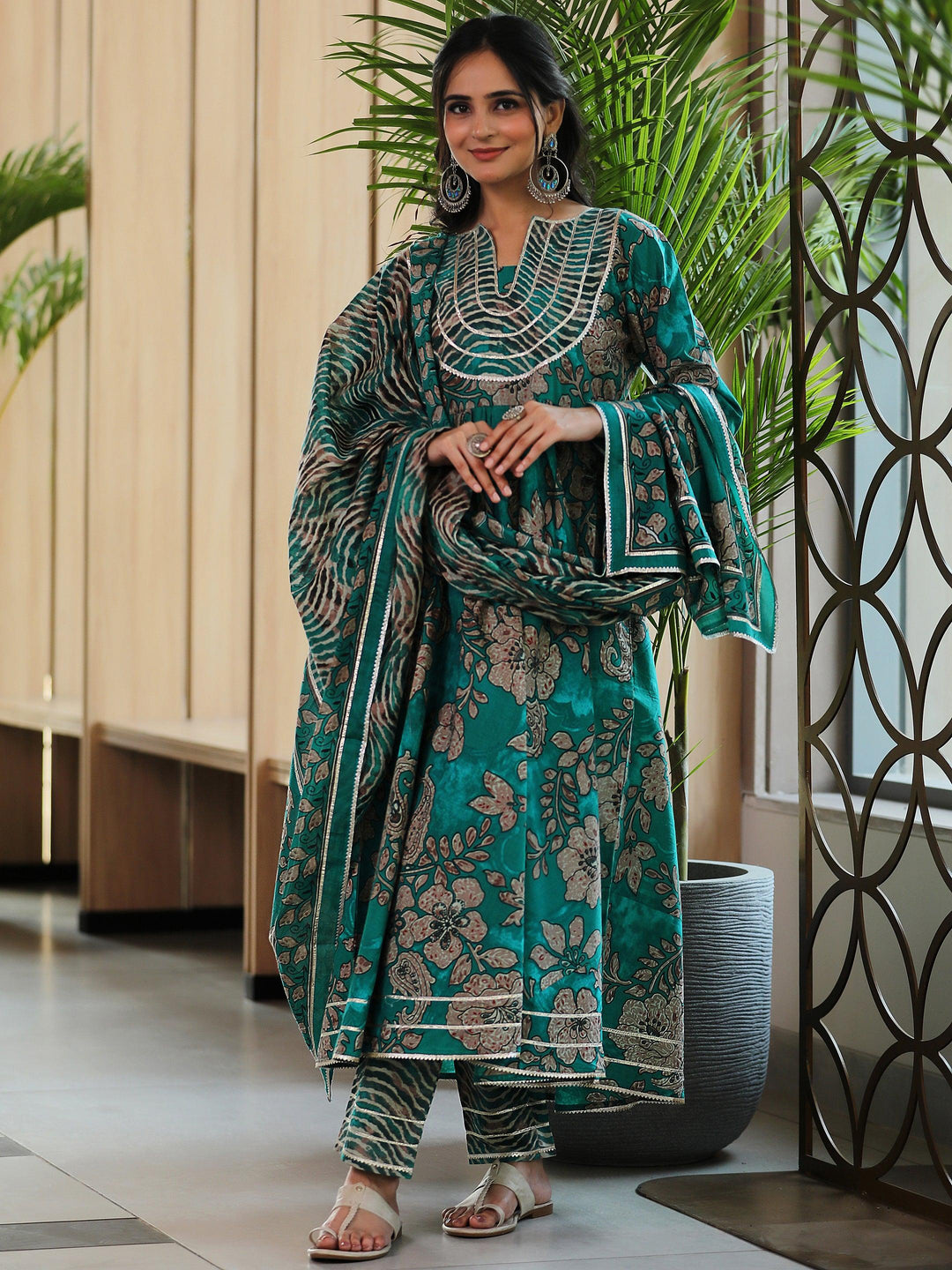 Green Printed Cotton Anarkali Suit With Dupatta - Libas 