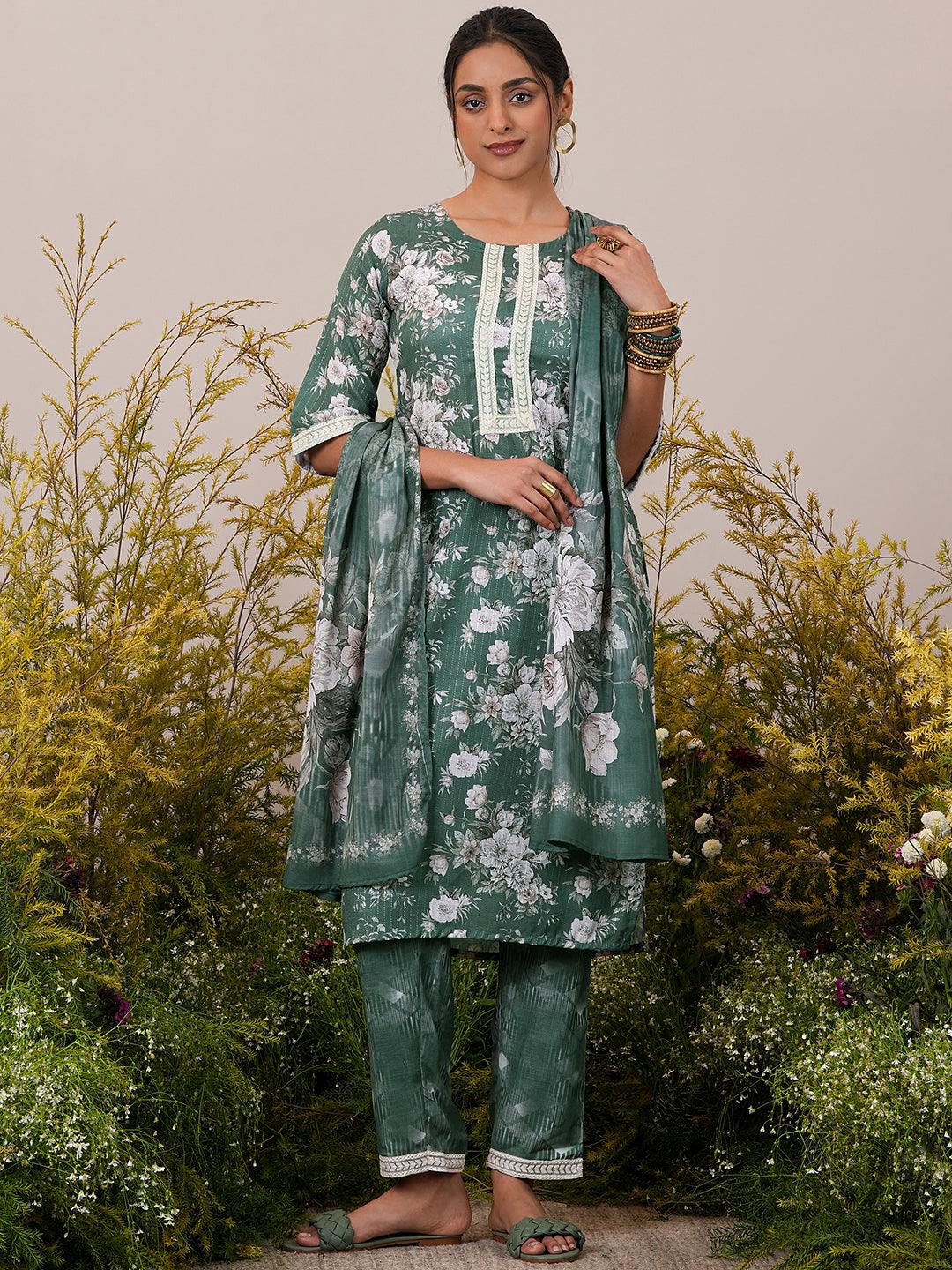 Green Printed Cotton Straight Suit With Dupatta - Libas 