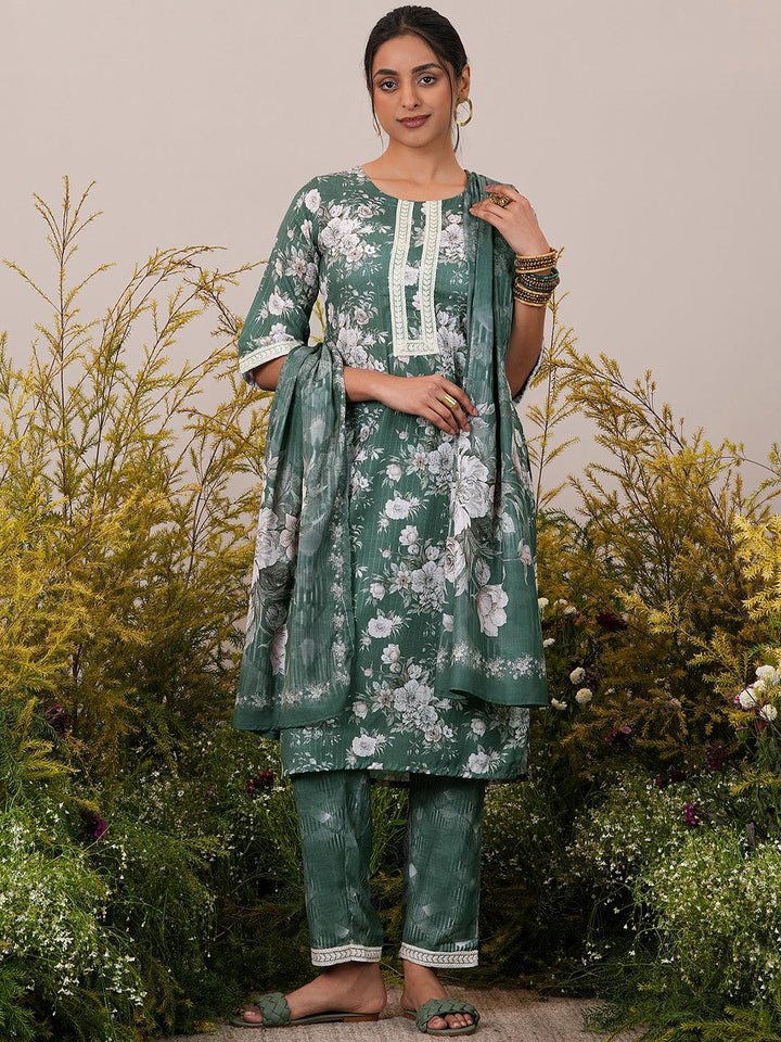 Green Printed Cotton Straight Suit With Dupatta - Libas