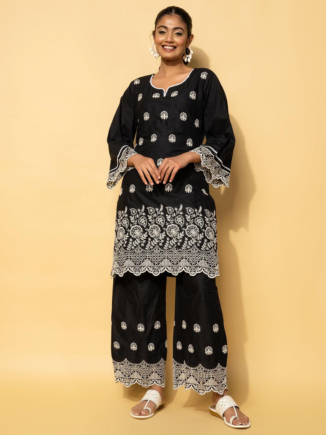 Black Embroidered Cotton Co-Ords - Libas 