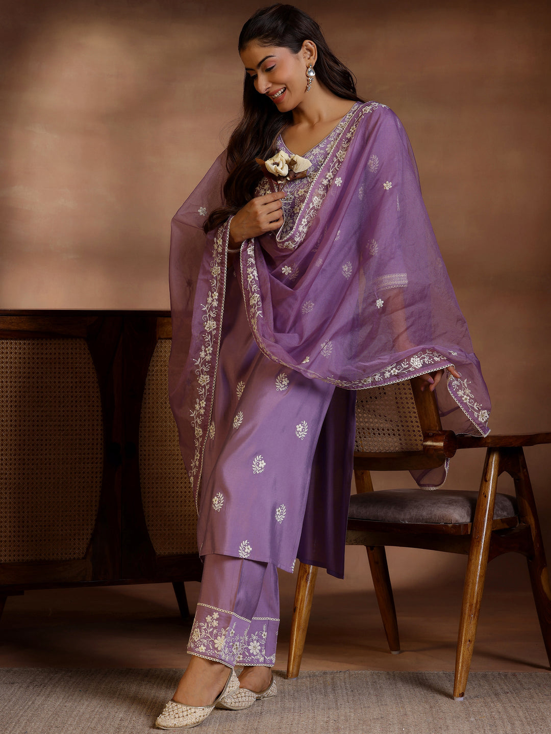 Mauve Embroidered Silk Blend Straight Suit With Dupatta