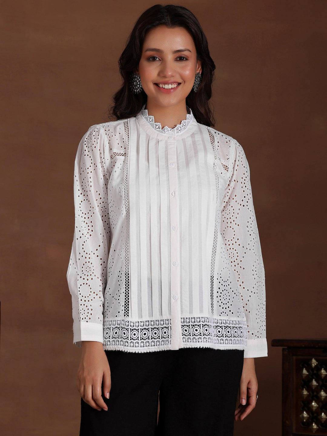 White Embroidered Cotton Straight Kurti - Libas 