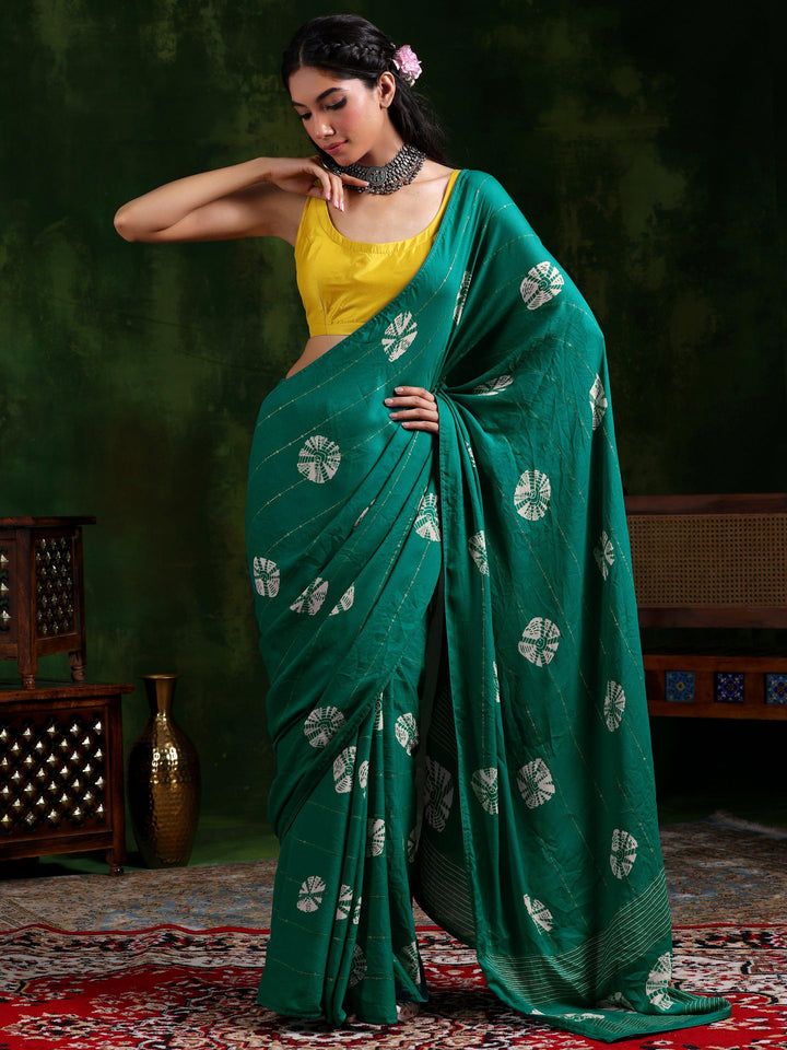 Rama Green Printed Poly Chiffon Saree With Unstitched Blouse Piece - Libas