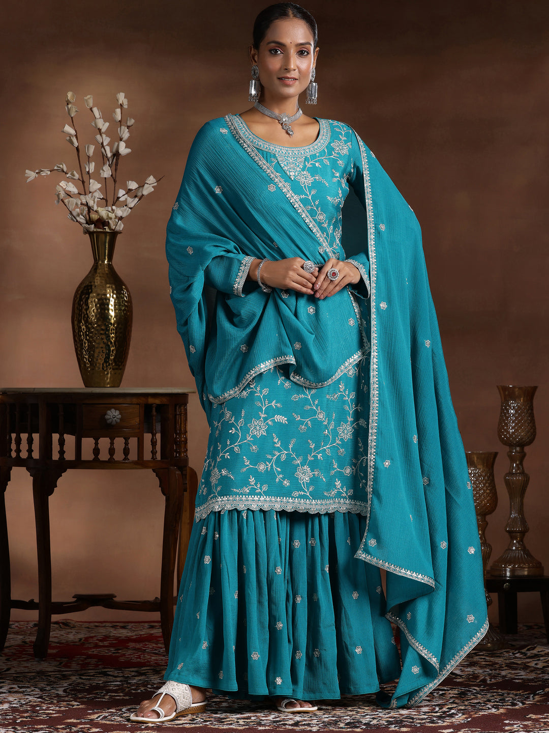  Rama Blue Embroidered Silk Blend Straight Suit With Dupatta 