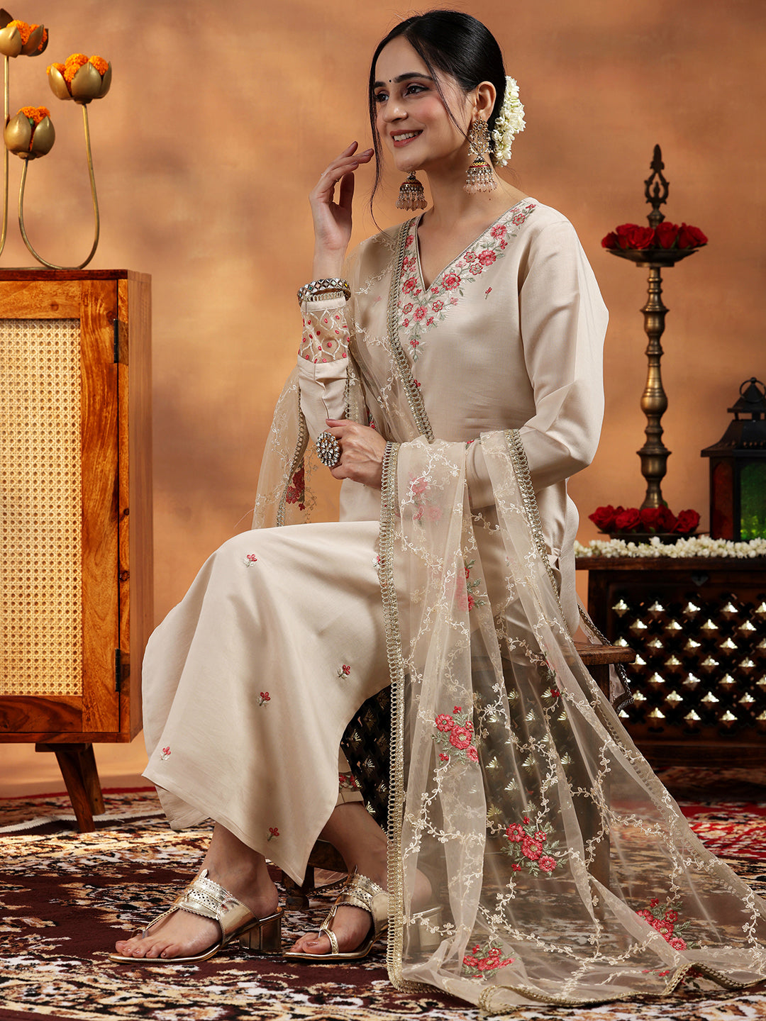 Ivory Embroidered Silk Blend Straight Suit With Dupatta