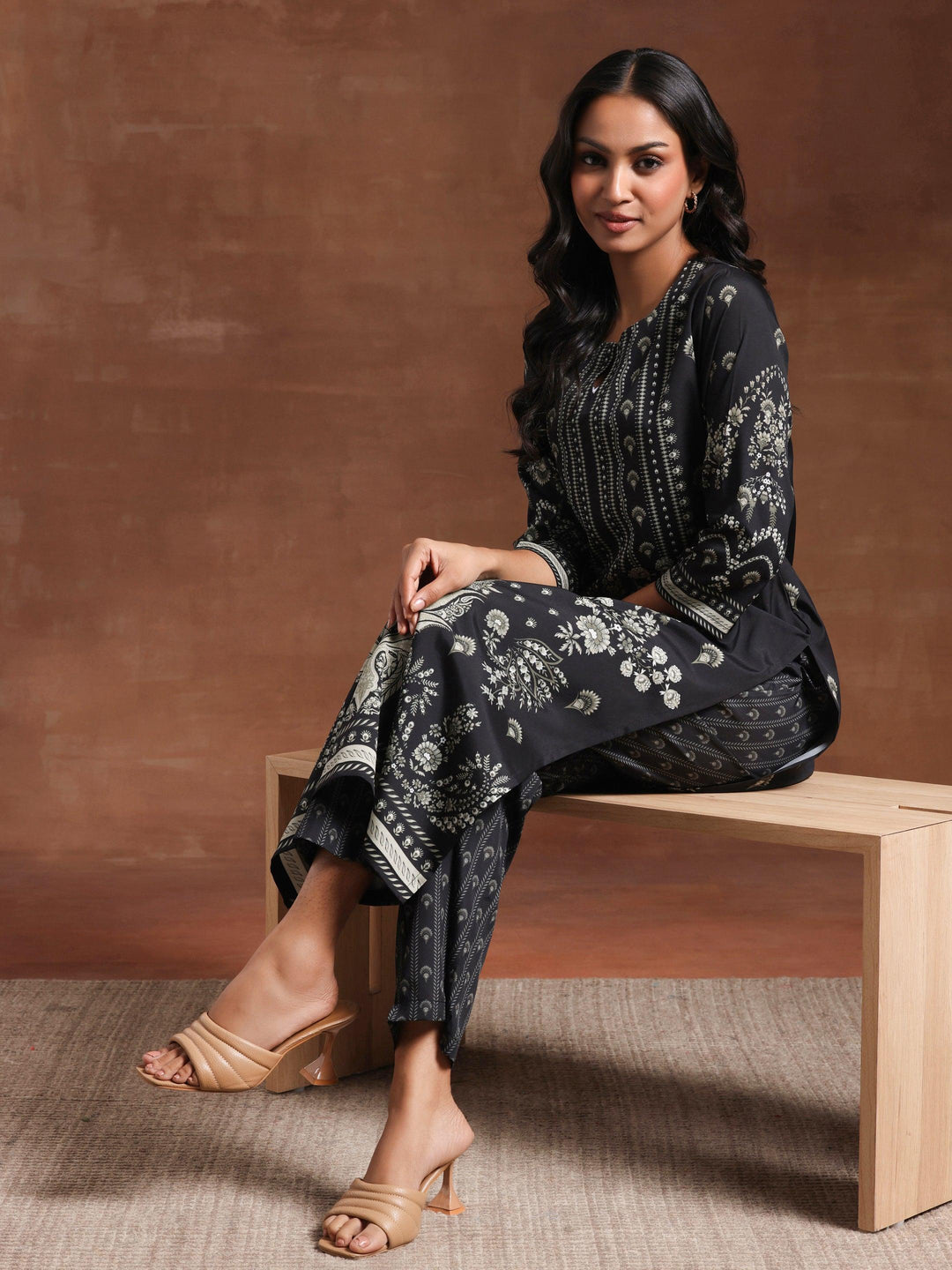 Black Printed Crepe Straight Kurta Set - Libas